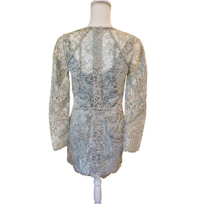Zimmermann Long-Sleeve Metallic Lace Mini Dress In Dusty Blue, Size 2