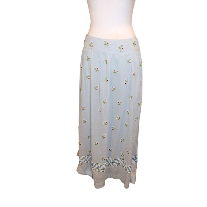 Antik Batik Light Blue Beata Skirt With Floral Embroidery, Medium