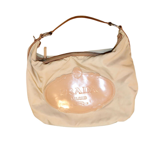 Prada Tessuto Beige Nylon & Patent Leather Hobo Shoulder Bag with COA