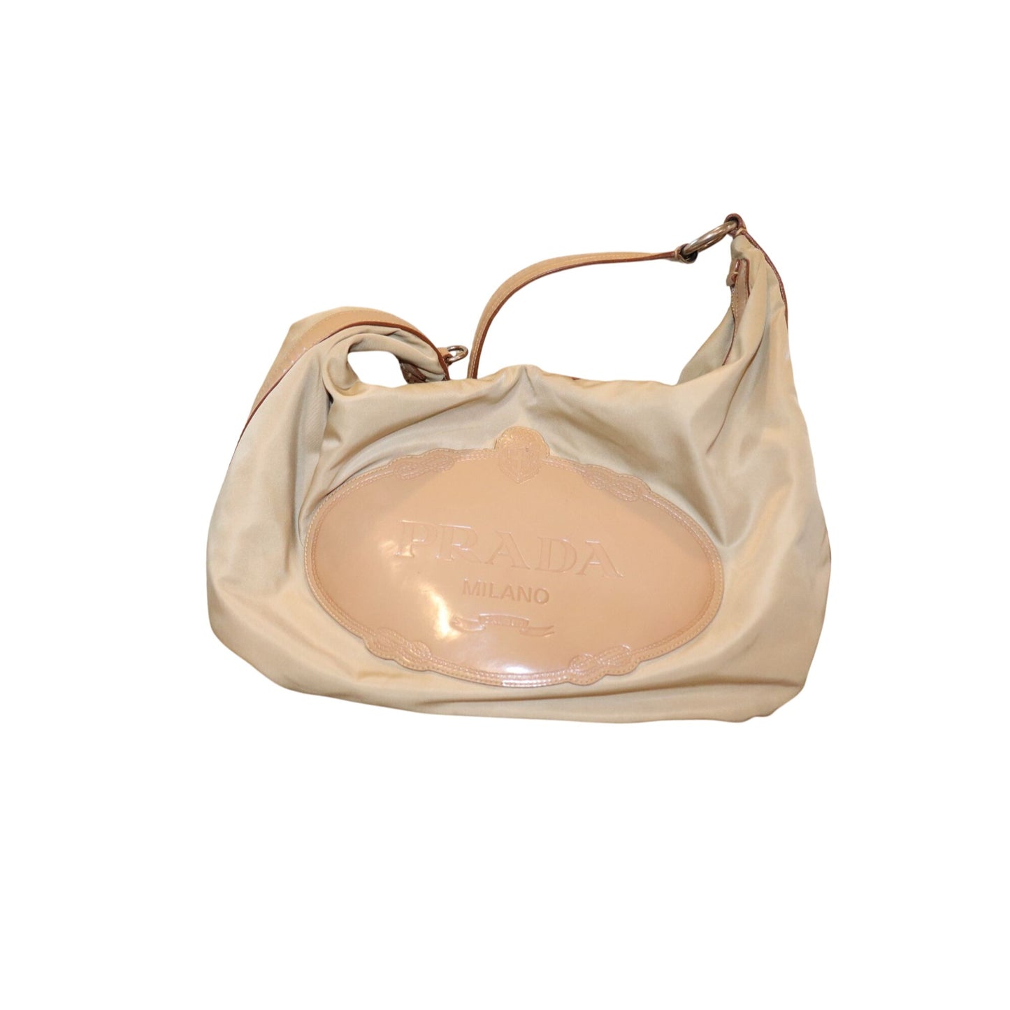 Prada Tessuto Beige Nylon & Patent Leather Hobo Shoulder Bag with COA
