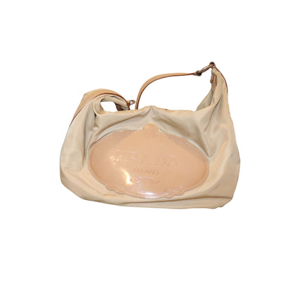 Prada Tessuto Beige Nylon & Patent Leather Hobo Shoulder Bag with COA