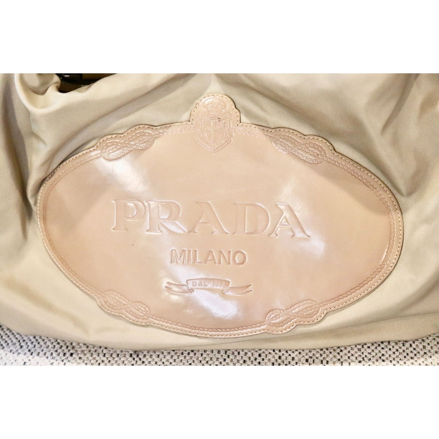 Prada Tessuto Beige Nylon & Patent Leather Hobo Shoulder Bag with COA