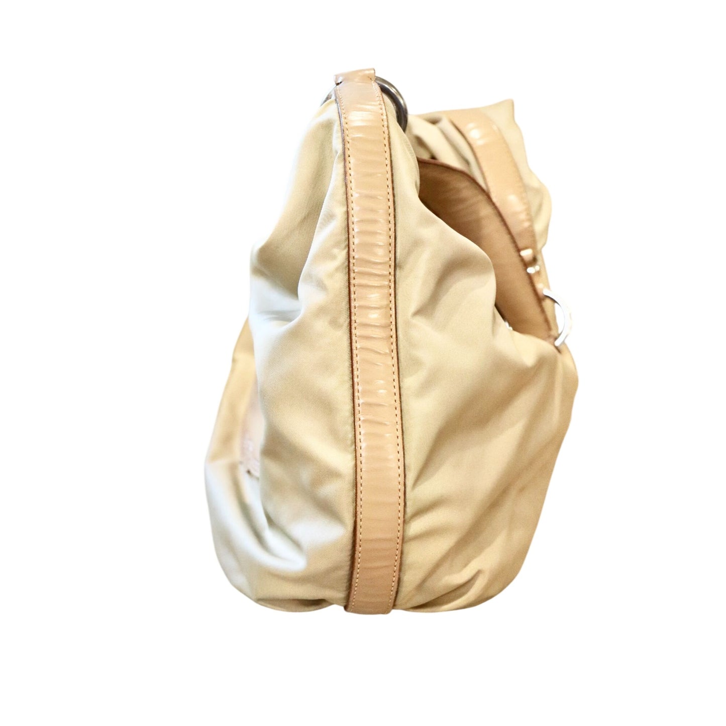Prada Tessuto Beige Nylon & Patent Leather Hobo Shoulder Bag with COA