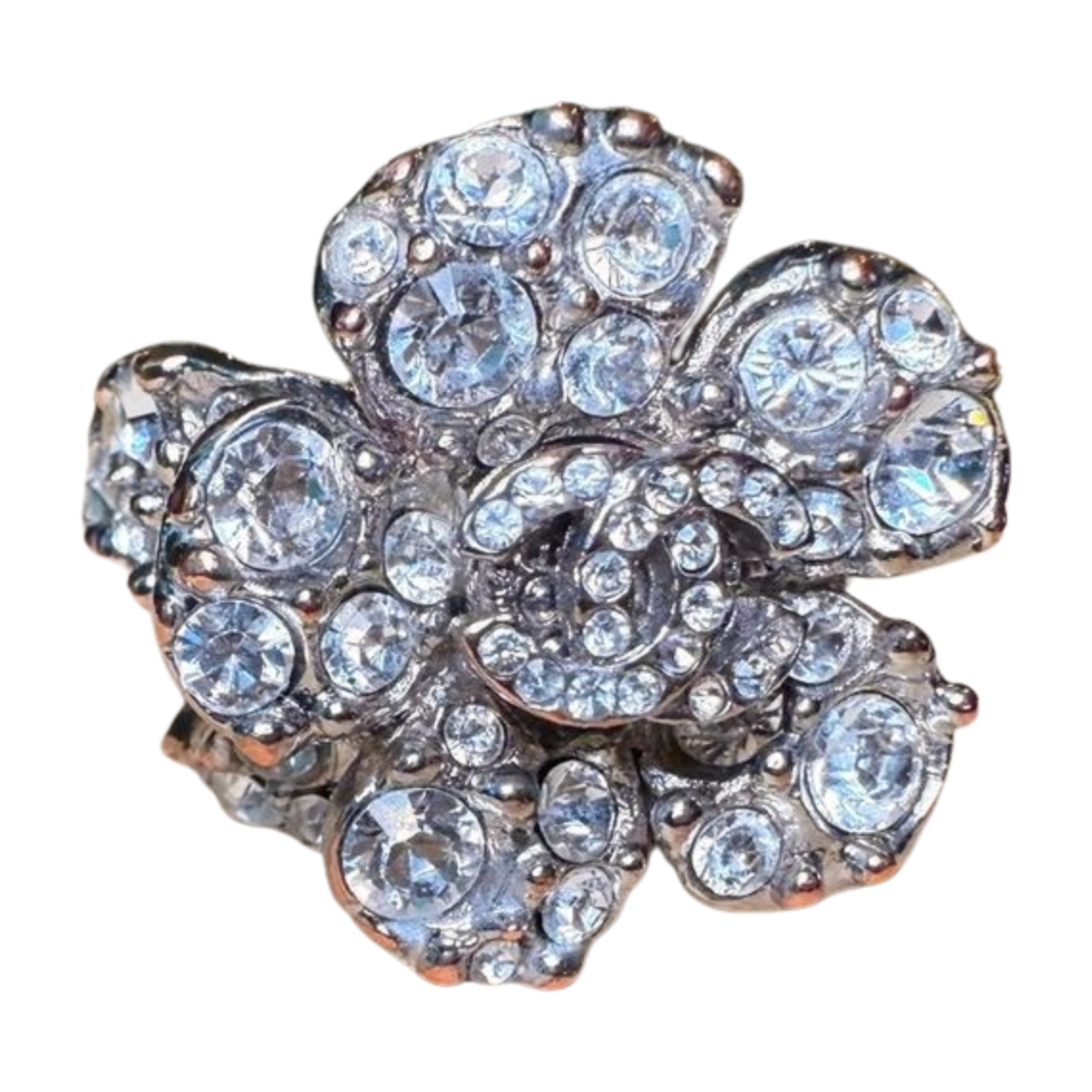 Chanel Camellia Flower Ring, Silver-Tone with Rhinestones, Size 6.75