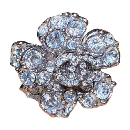 Chanel Camellia Flower Ring, Silver-Tone with Rhinestones, Size 6.75