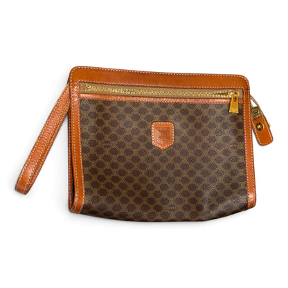 Celine Macadam Brown Monogram Leather Wristlet Clutch With Gold-Tone Hardware & Zip Closure
