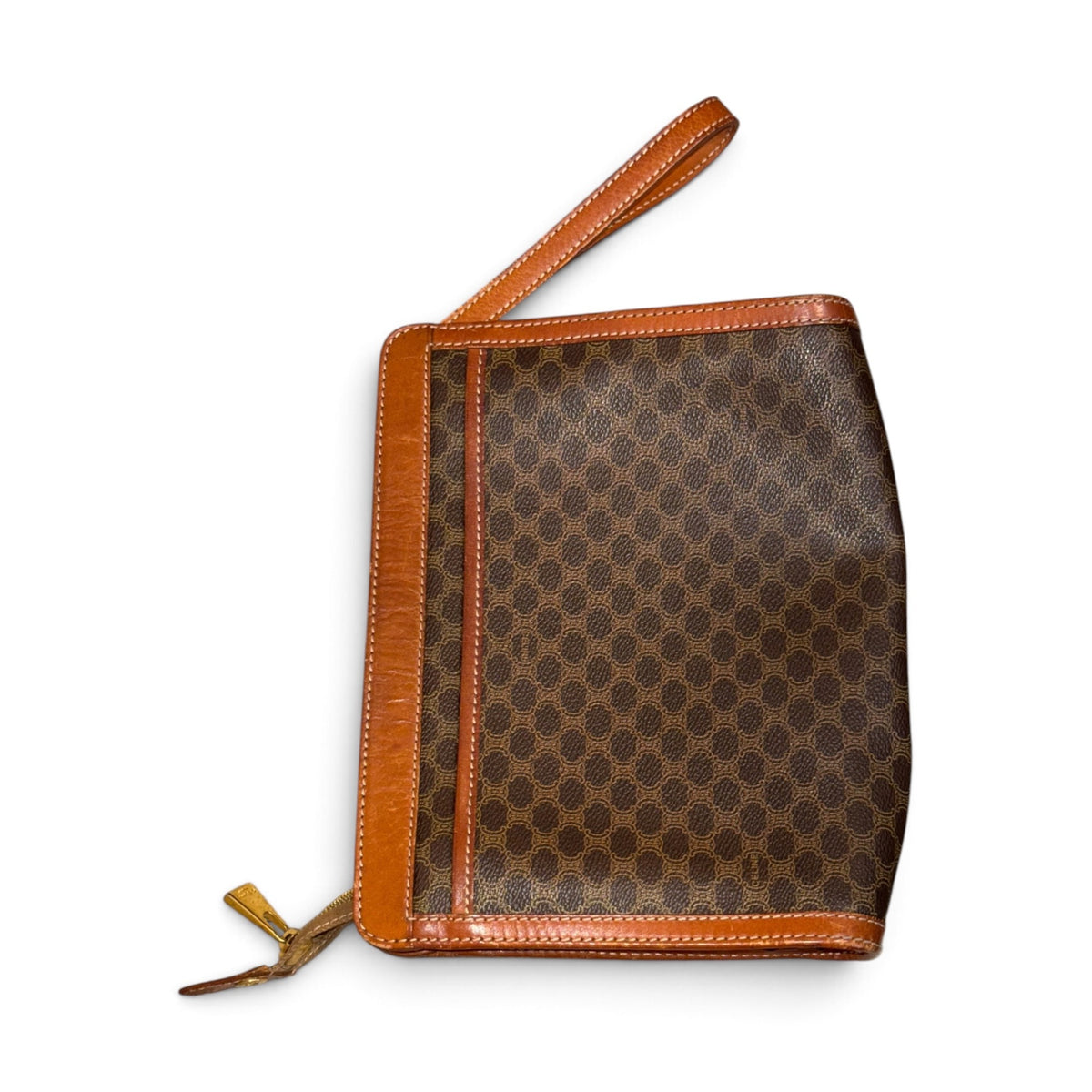 Celine Macadam Brown Monogram Leather Wristlet Clutch With Gold-Tone Hardware & Zip Closure
