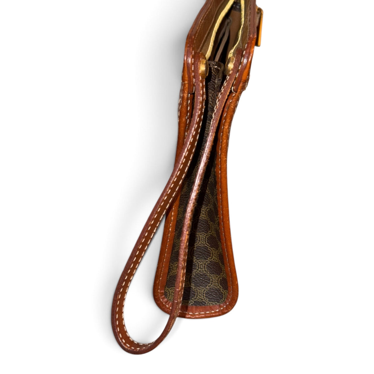 Celine Macadam Brown Monogram Leather Wristlet Clutch With Gold-Tone Hardware & Zip Closure