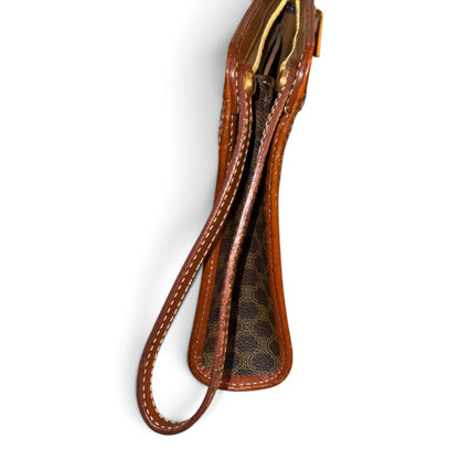 Celine Macadam Brown Monogram Leather Wristlet Clutch With Gold-Tone Hardware & Zip Closure