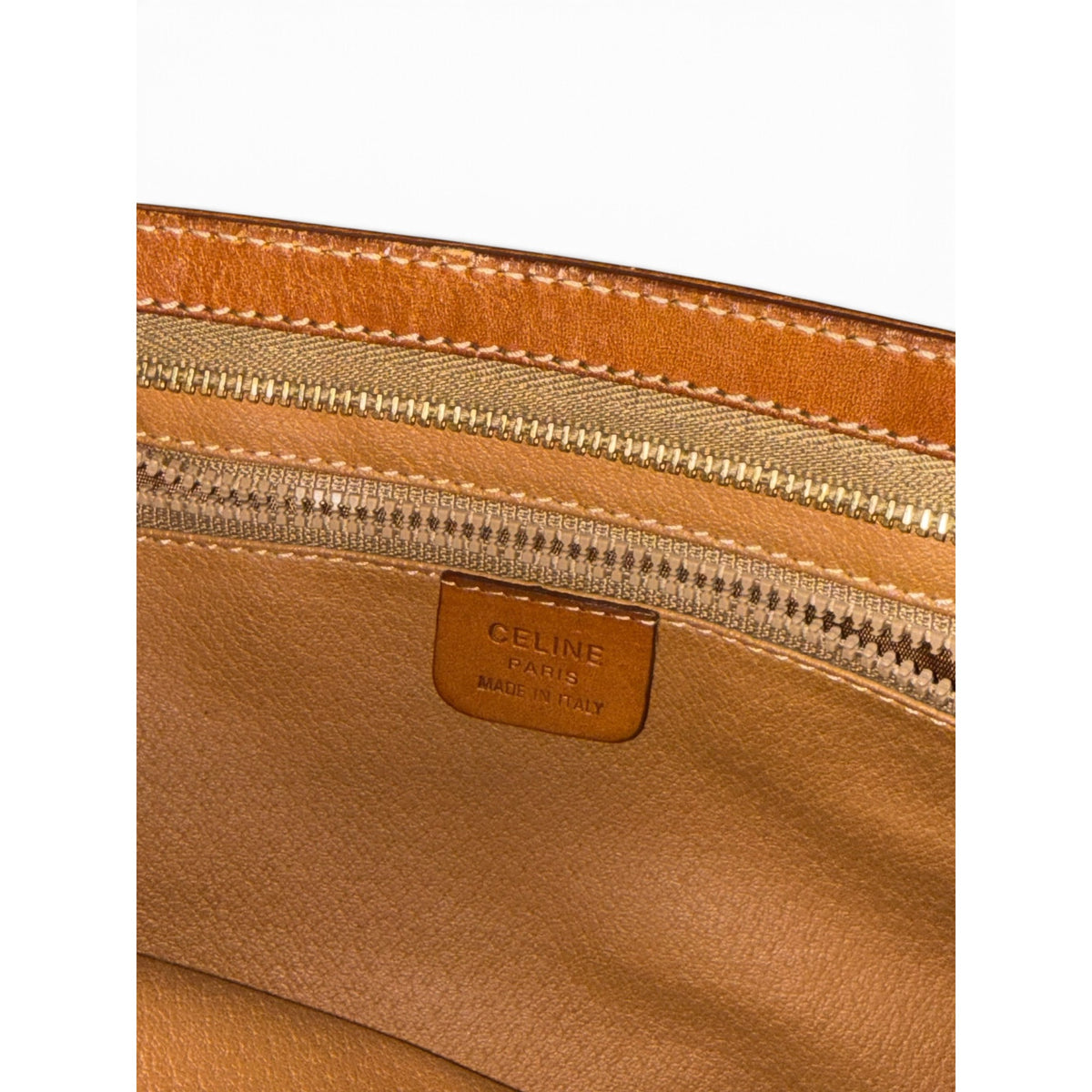 Celine Macadam Brown Monogram Leather Wristlet Clutch With Gold-Tone Hardware & Zip Closure