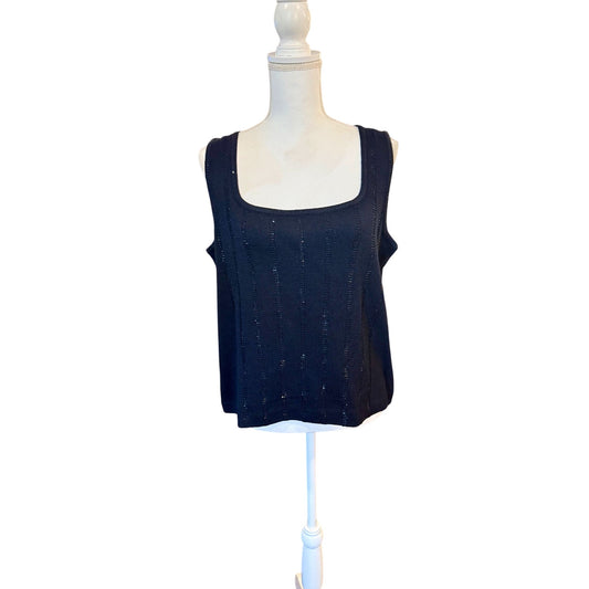 St. John Black Knit Beaded Tank Top Large Sleeveless Scoop Neck, Large