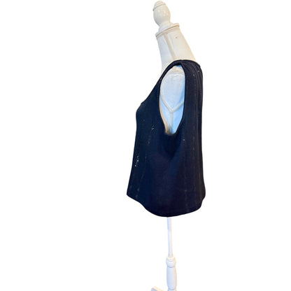 St. John Black Knit Beaded Tank Top Large Sleeveless Scoop Neck, Large