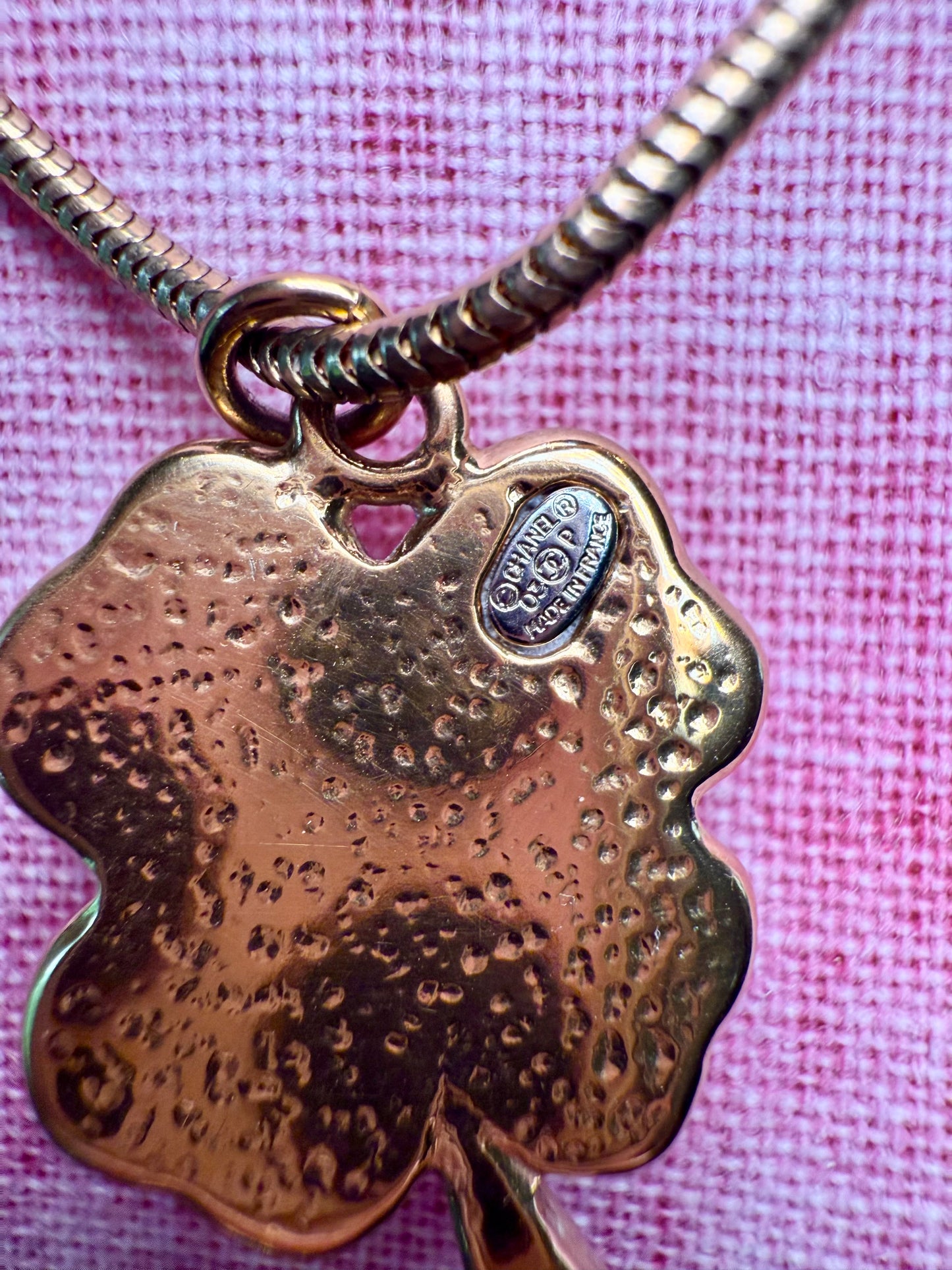 Long Chanel Coral Clover Pendant Necklace