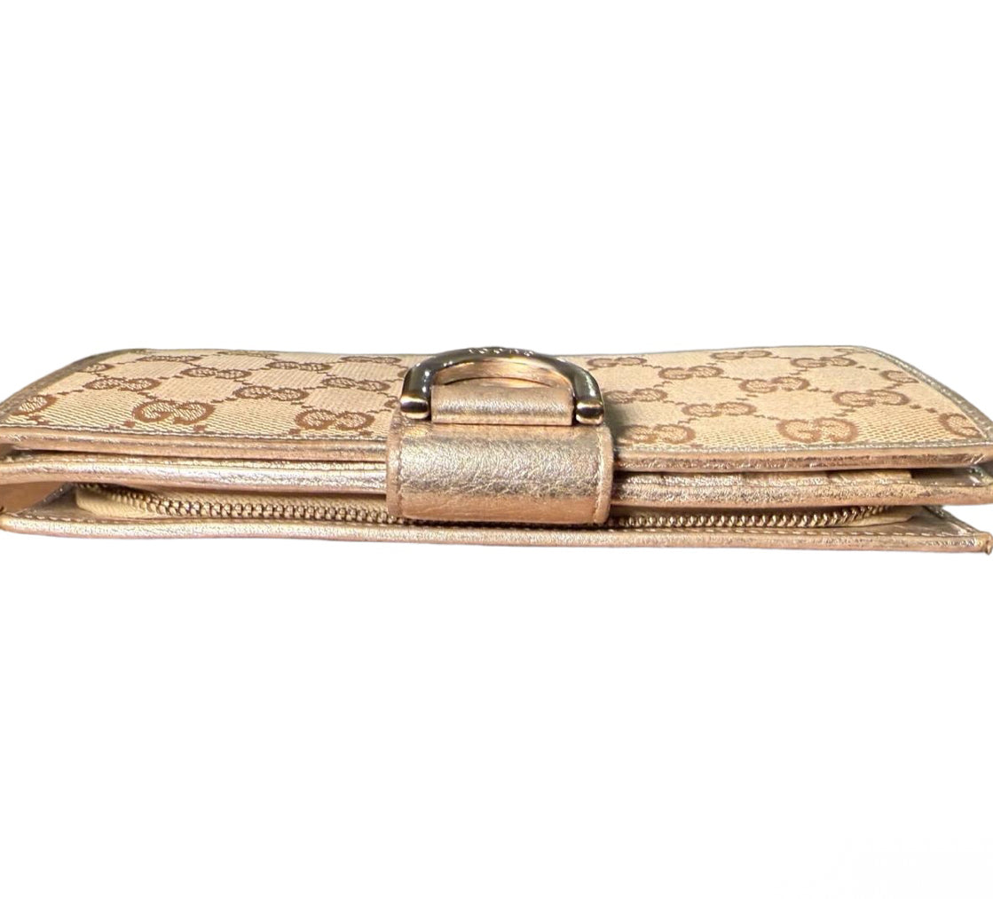 Gucci Wallet Womens Beige Metallic Gold Continental GG Canvas