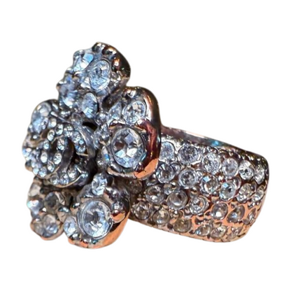 Chanel Camellia Flower Ring, Silver-Tone with Rhinestones, Size 6.75