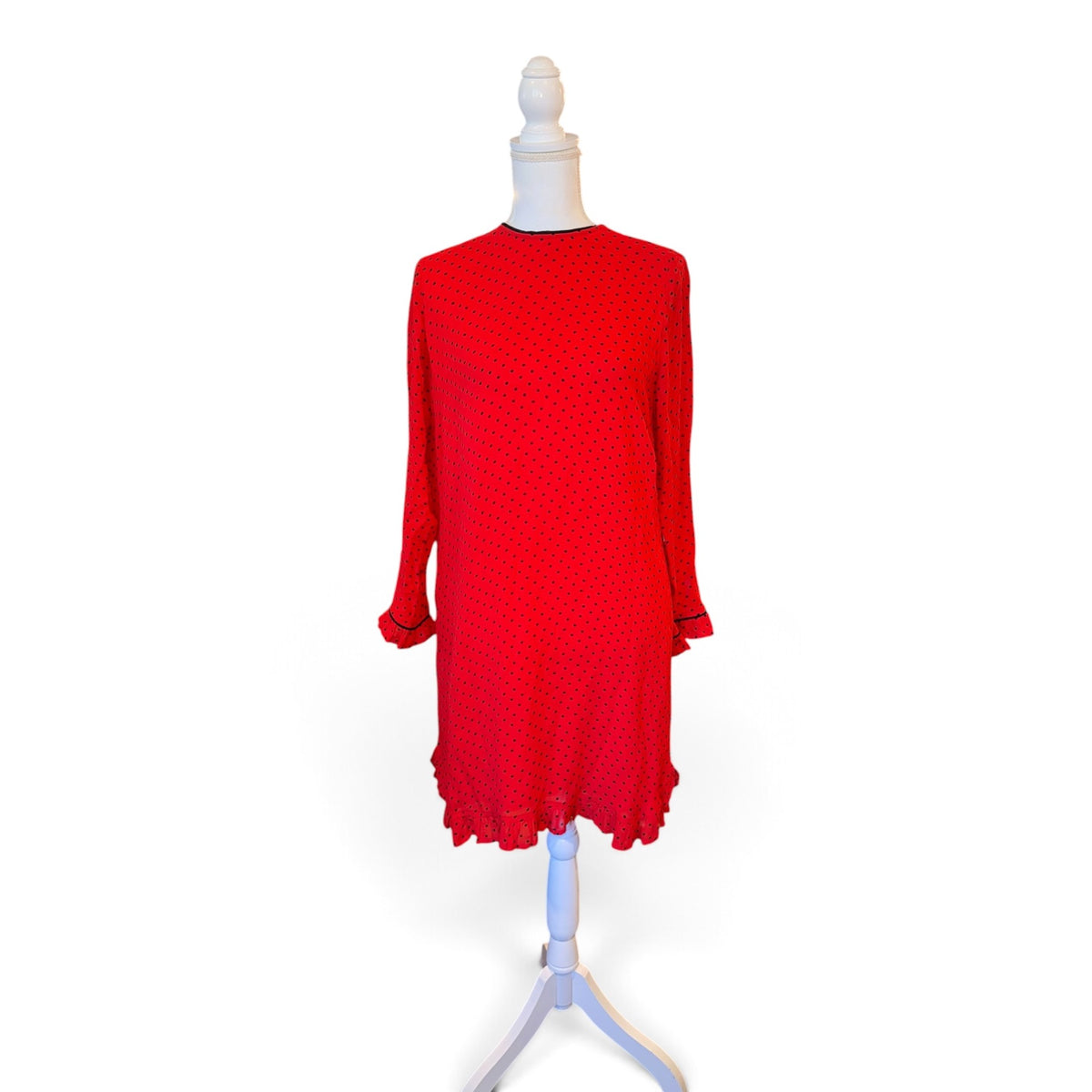 Ganni Red Polka Dot Long Sleeve Mini Dress With Ruffle Hem Size 36