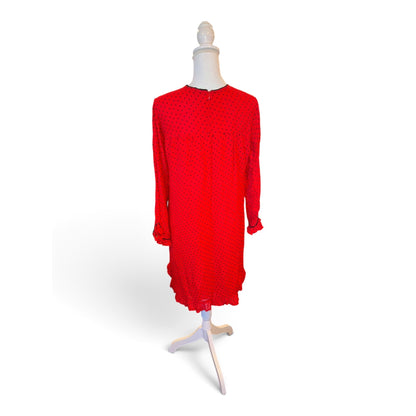 Ganni Red Polka Dot Long Sleeve Mini Dress With Ruffle Hem Size 36