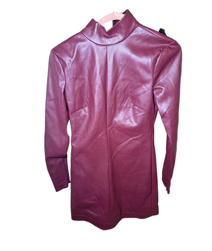 New STAUD Womens Dress Size 0 Burgundy Mini Faux Leather Mock Neck Bodycon