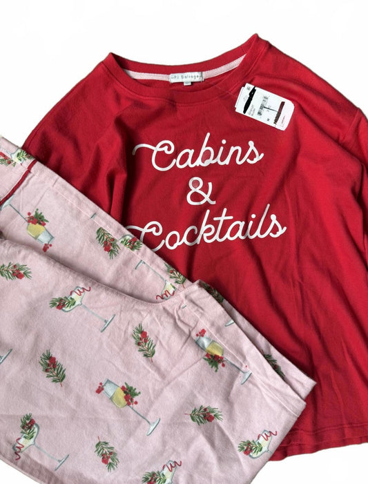 New PJ Salvage Women's Pajama Set - Red Long Sleeve Top & Pink Printed Pants, Size M