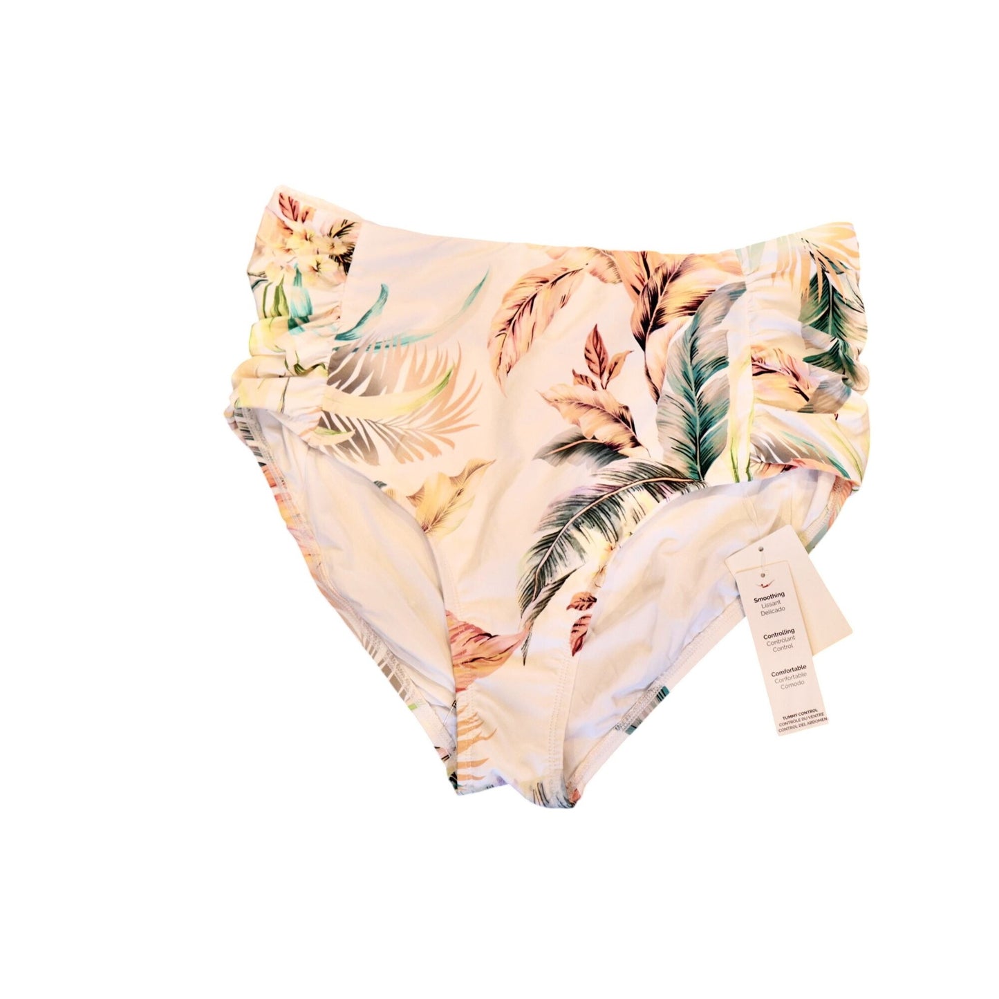 High-Waisted Tummy Control Tropical Print Swim Bottoms - Size 12 Multicolor Soft Comfortable Fit Made Of Durable Polyamide & Elastane