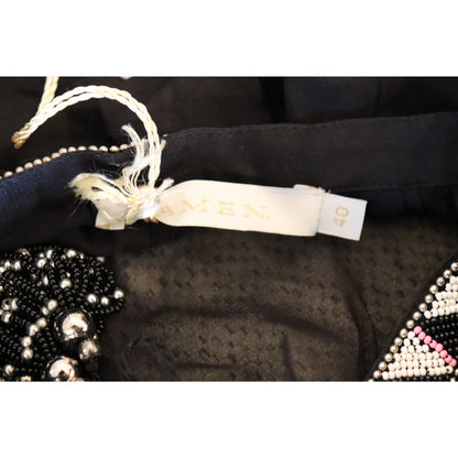 Amen Sheer Black Beaded Collar Long-Sleeve Sheer Blouse, Size 40 NWT