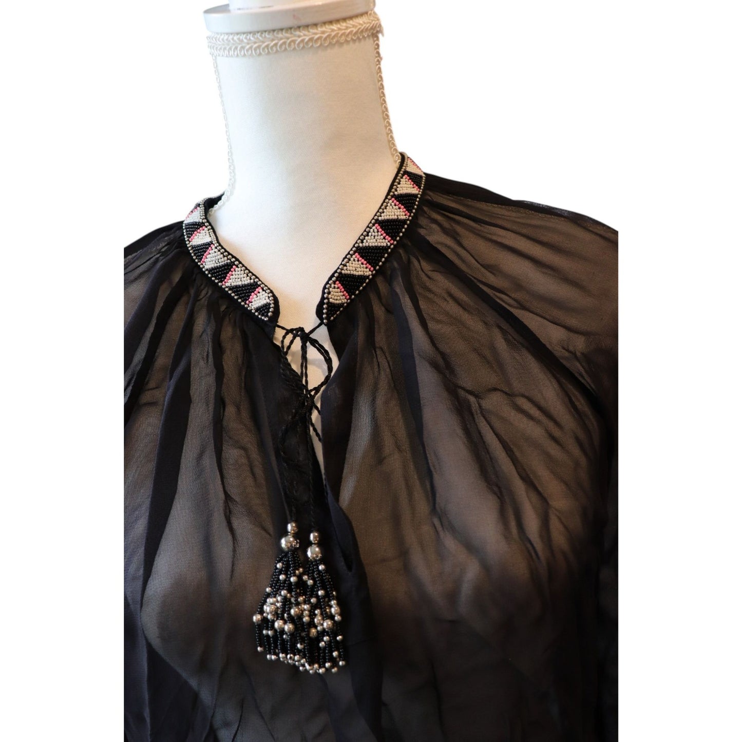 Amen Sheer Black Beaded Collar Long-Sleeve Sheer Blouse, Size 40 NWT