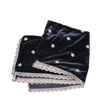 Black Velvet Shawl With Intricate Embroidery & Scalloped Lace Edging NWOT