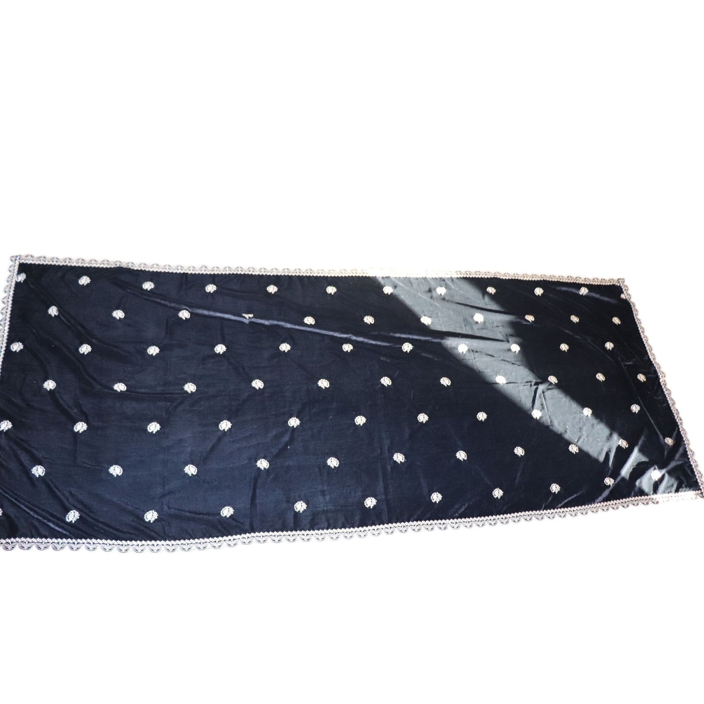 Black Velvet Shawl With Intricate Embroidery & Scalloped Lace Edging NWOT
