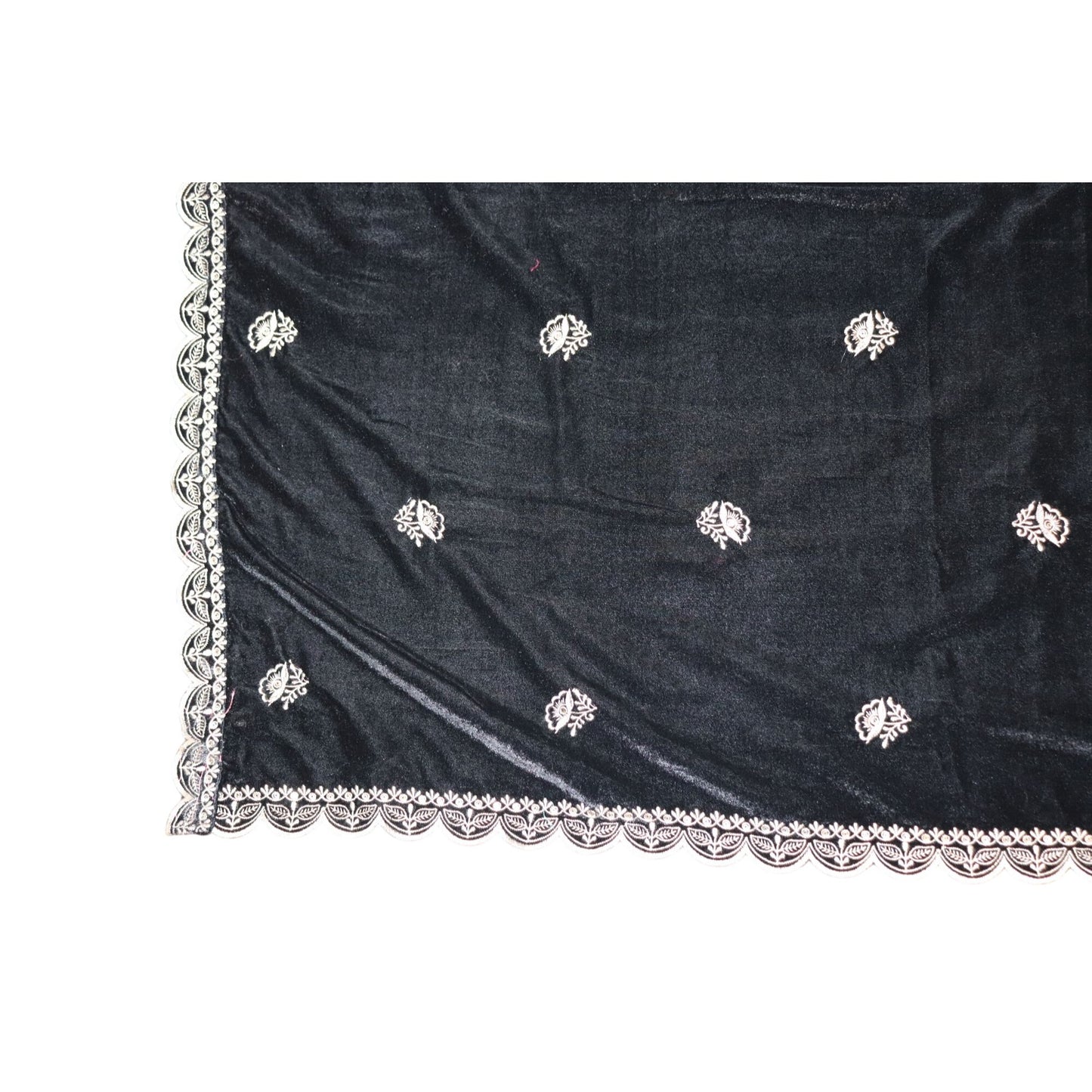 Black Velvet Shawl With Intricate Embroidery & Scalloped Lace Edging NWOT