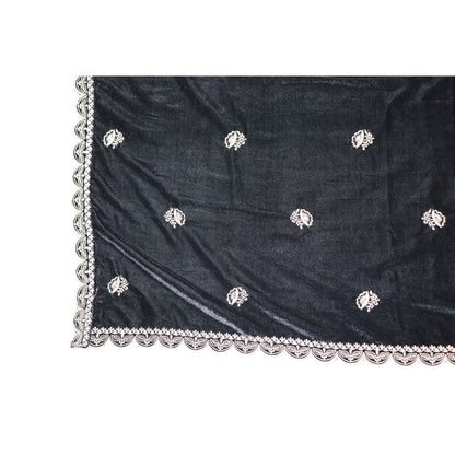 Black Velvet Shawl With Intricate Embroidery & Scalloped Lace Edging NWOT