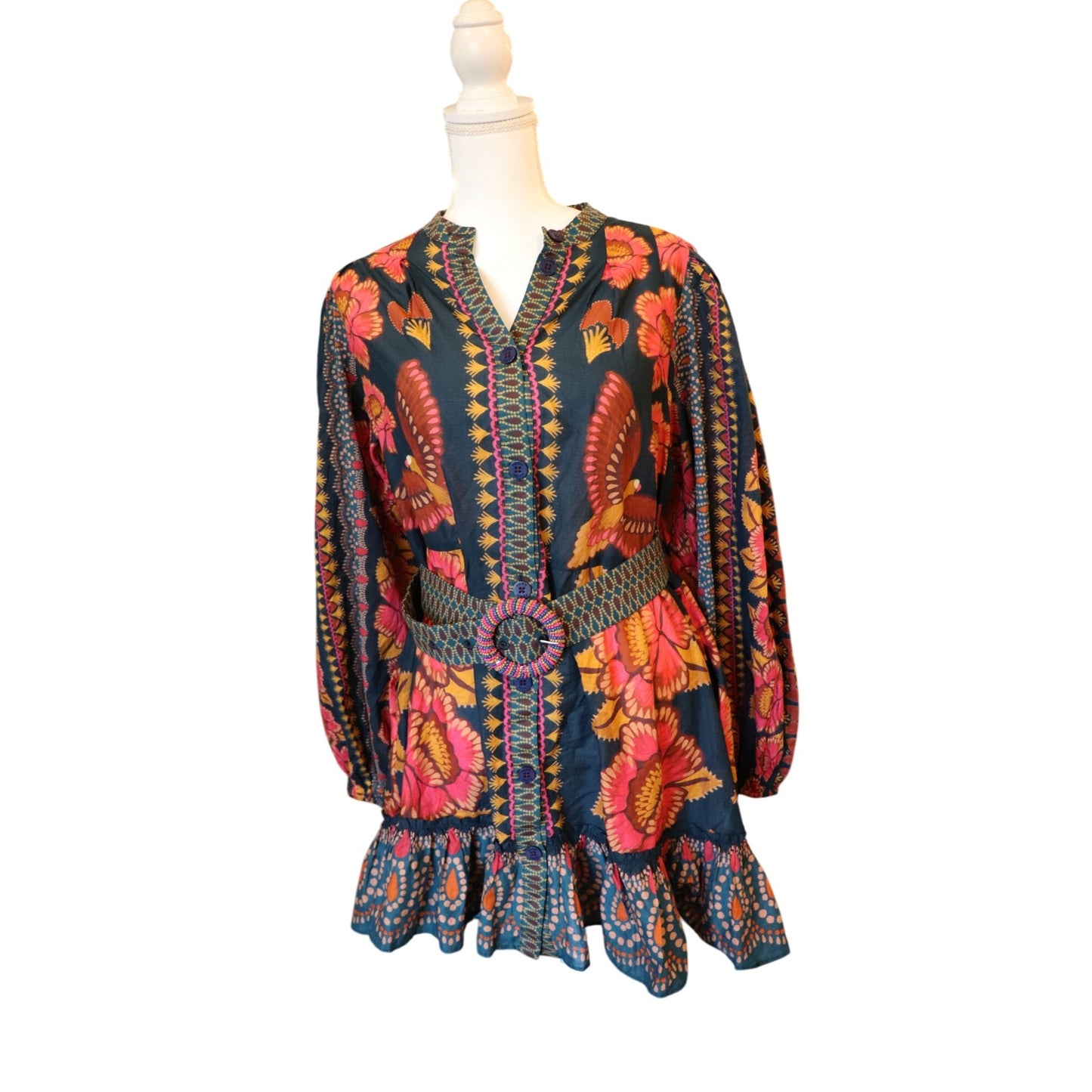 Farm Rio Ainika Sparkle Puff-Sleeve Cotton Mini Dress, Large NWOT