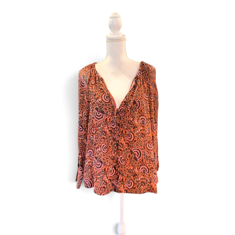 Front view: A.L.C. Bryce Orange Pink Paisley Silk V-Neck Blouse Size 2