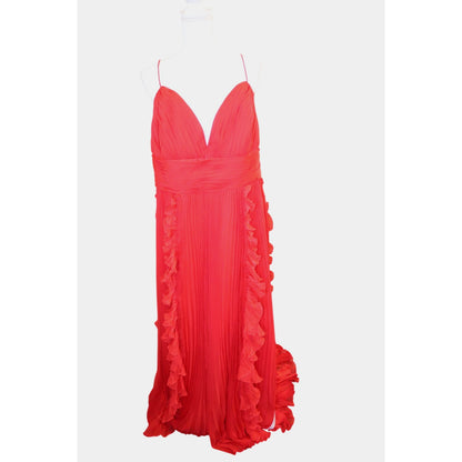 Mac Duggal Red Pleated Chiffon Gown With Ruffle Details & Spaghetti Straps, NWT 18