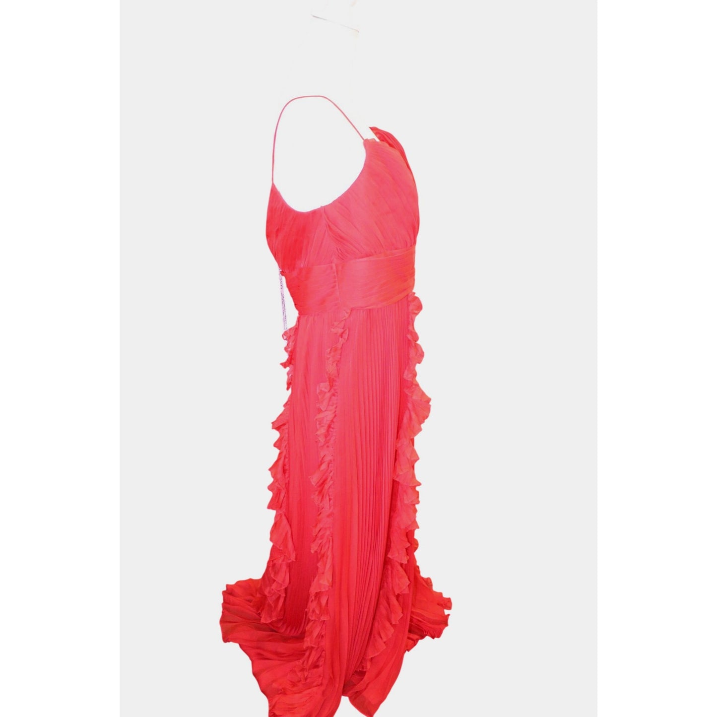 Mac Duggal Red Pleated Chiffon Gown With Ruffle Details & Spaghetti Straps, NWT 18