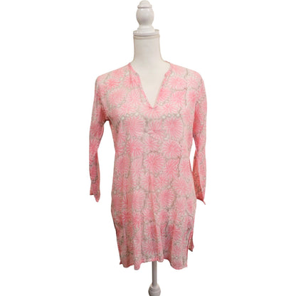 Roller Rabbit Pink Floral Tunic Top 100% Cotton Long Sleeve Size S