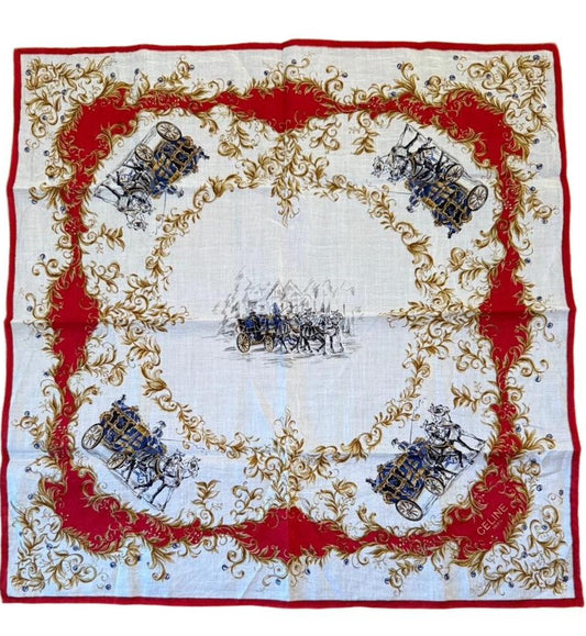 Celine Handkerchief White Red Gold Blue Cotton Horse Carriage Print Vintage Equestrian