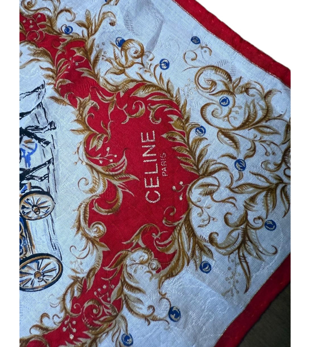 Celine Handkerchief White Red Gold Blue Cotton Horse Carriage Print Vintage Equestrian