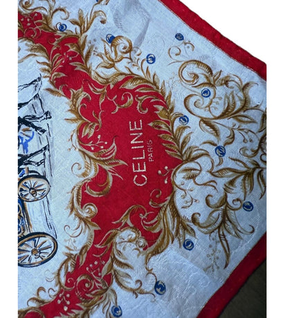 Celine Handkerchief White Red Gold Blue Cotton Horse Carriage Print Vintage Equestrian