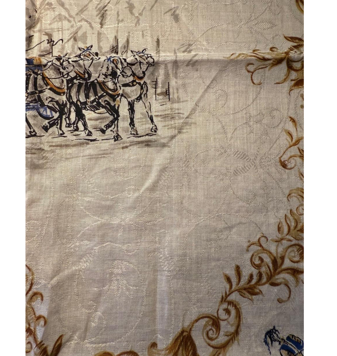 Celine Handkerchief White Red Gold Blue Cotton Horse Carriage Print Vintage Equestrian