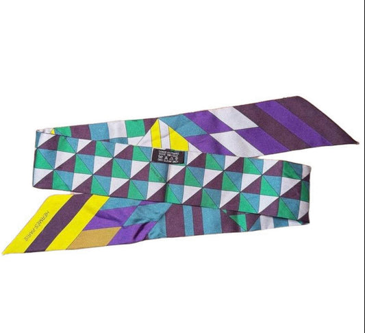 Hermes Twilly Womens Multicolor Geometric Pattern Silk Luxury Elegant Chic