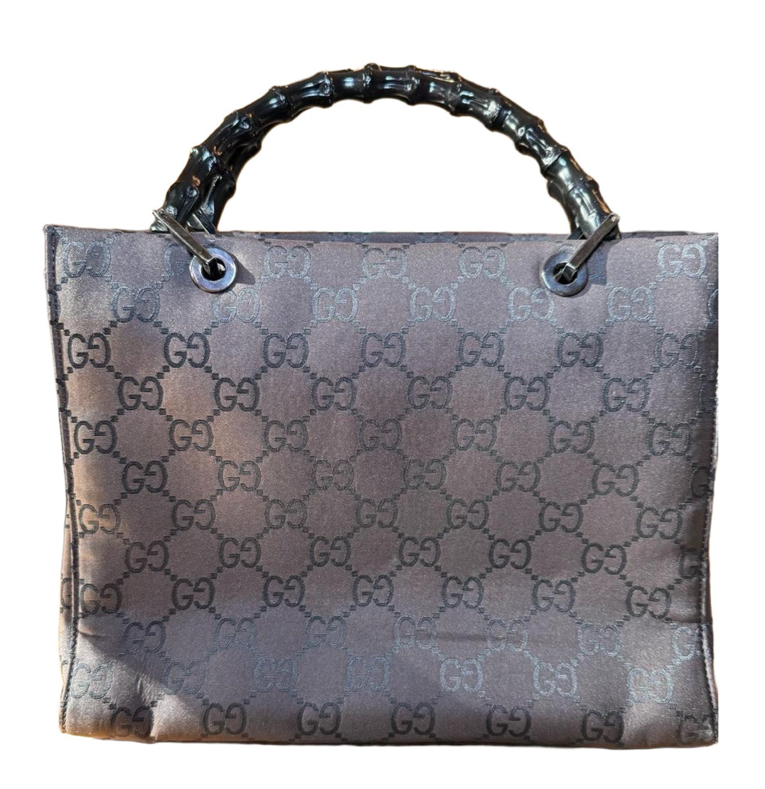 Gucci Womens Brown and Black GG Canvas Bamboo Top Handle Tote