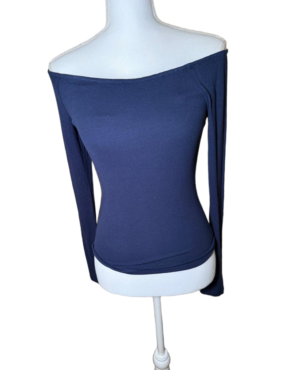 Favorite Daughter Womens Small Navy Off Shoulder Ribbed Top Long Sleeve