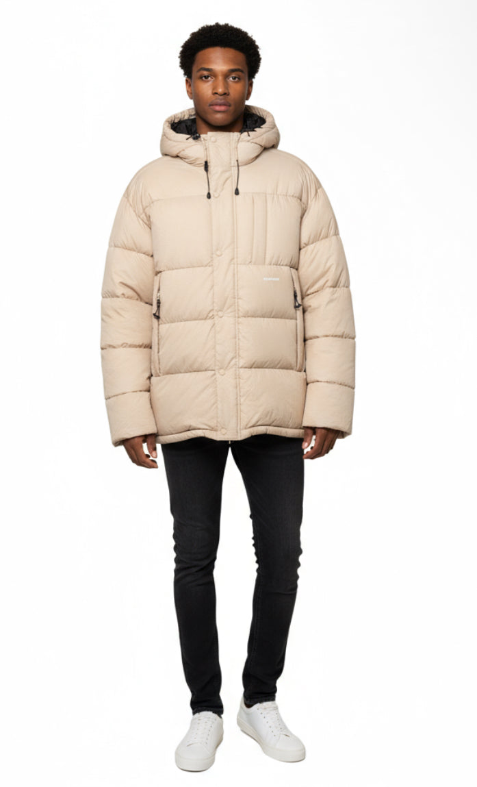 New Soulland Mens Oversized S/M Beige Hooded Ian Puffer Jacket