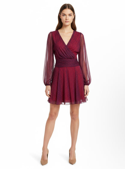 New Diane von Furstenberg Womens Size 12 Red purple Ruched Sheer Sleeve Mini Dress