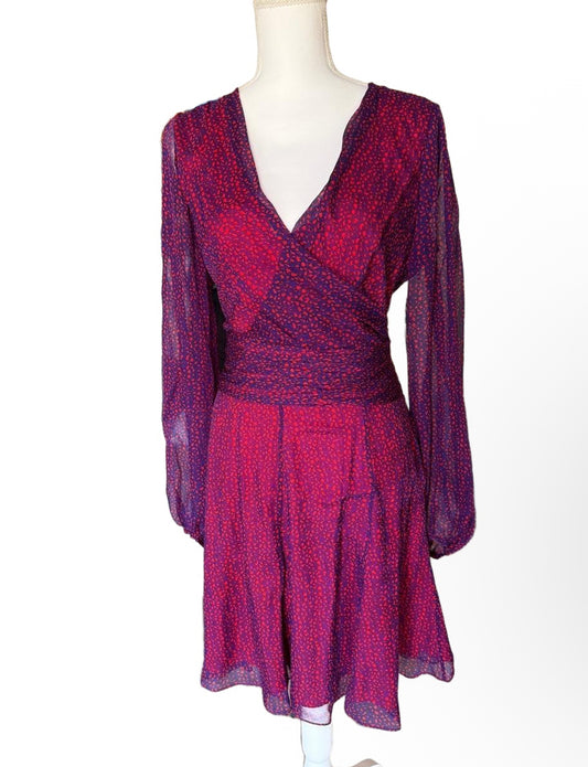 New Diane von Furstenberg Womens Size 12 Red purple Ruched Sheer Sleeve Mini Dress