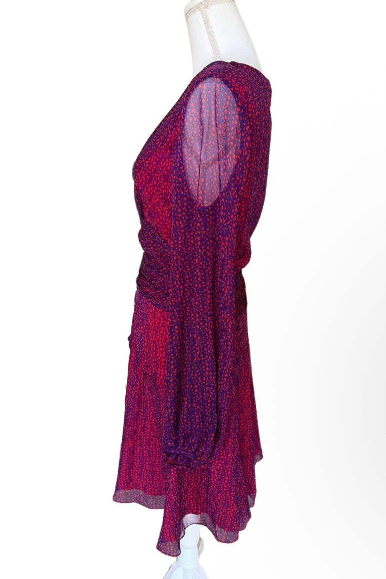 New Diane von Furstenberg Womens Size 12 Red purple Ruched Sheer Sleeve Mini Dress