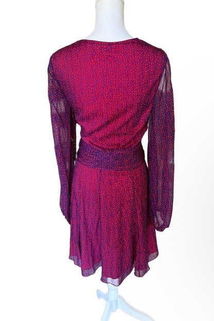 New Diane von Furstenberg Womens Size 12 Red purple Ruched Sheer Sleeve Mini Dress