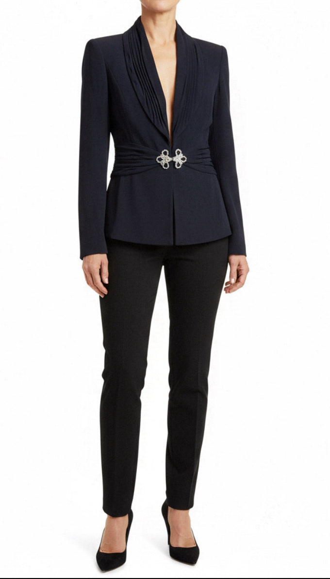 Dark Navy Escada Draped Blazer Rhinestone Clasp Evening Formal, Size 40