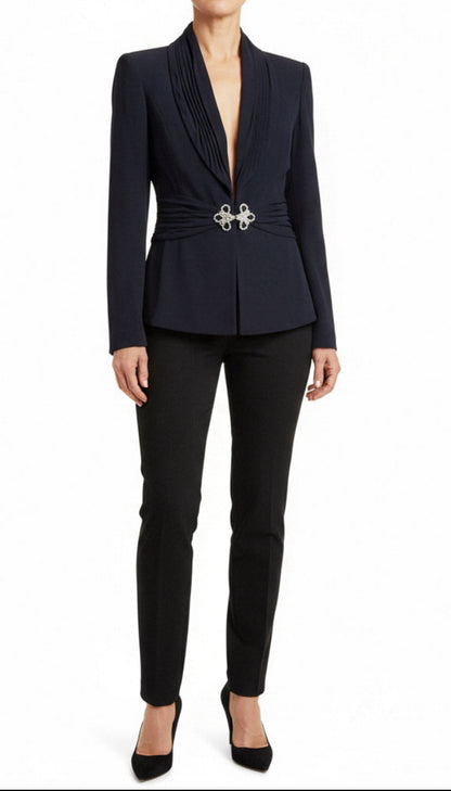 Dark Navy Escada Draped Blazer Rhinestone Clasp Evening Formal, Size 40