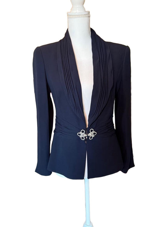 Dark Navy Escada Draped Blazer Rhinestone Clasp Evening Formal, Size 40